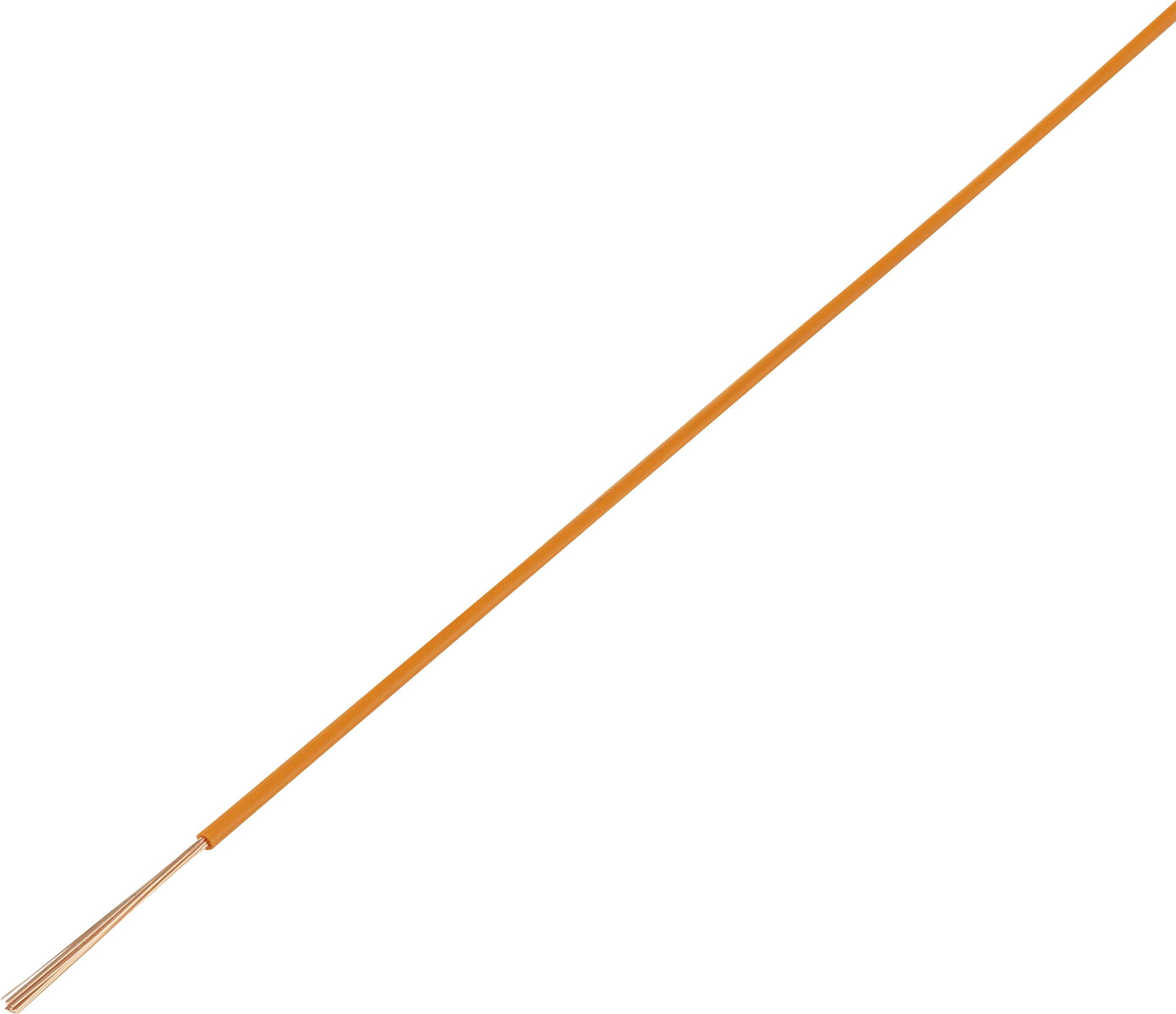 Ein langer, dünner, orangefarbener Draht mit mehreren freiliegenden Kupferlitzen am Ende, horizontal ausgerichtet.