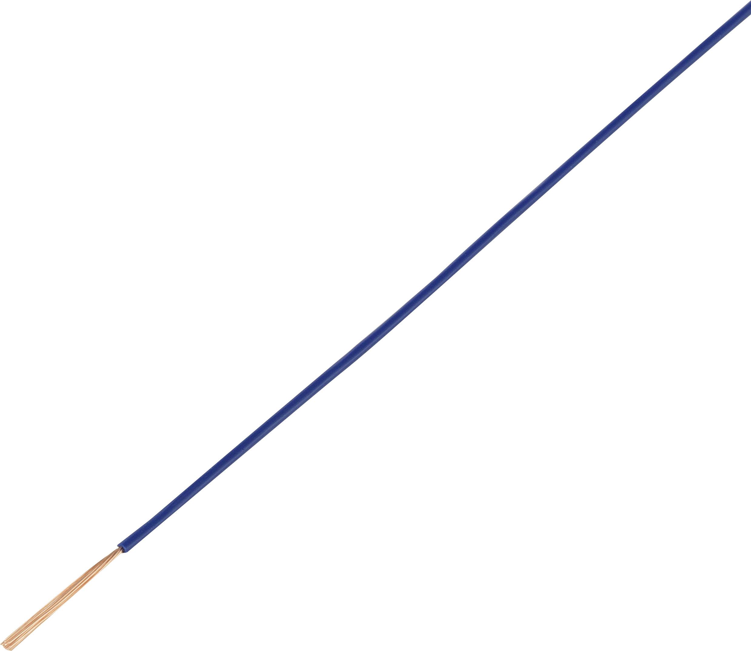 Ein einzelnes blaues elektrisches Kabel, welches am Ende abisoliert ist, zeigt einen Kupferdraht. Das Kabel dient zum Anschluss elektrischer Geräte.