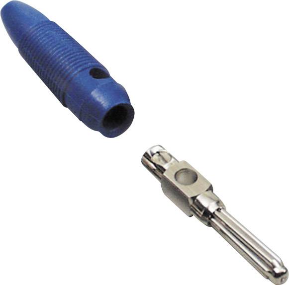 Ein blauer, geriffelter Kunststoffstecker und ein silberner, metallischer Kontaktstift liegen auf weißem Hintergrund.