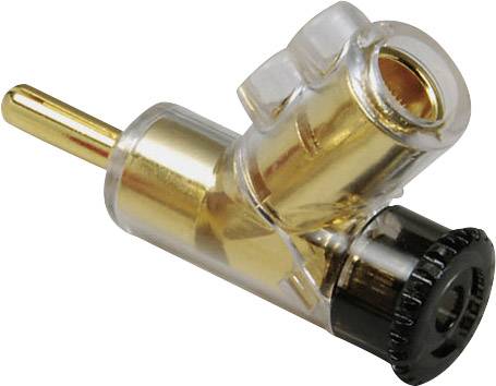 Ein durchsichtiger Plastikstecker mit goldfarbenem Anschluss und schwarzem Drehverschluss, verwendet für elektrische Verbindungen.