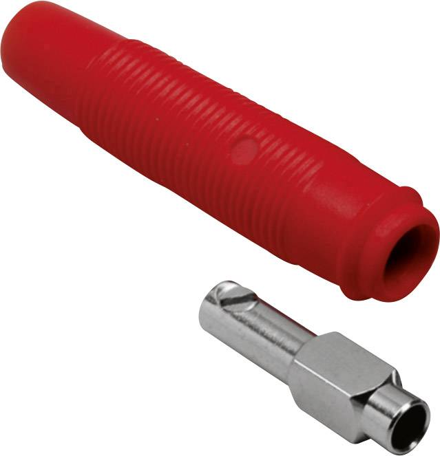 Roter Kunststoffstecker und silberner Metalladapter