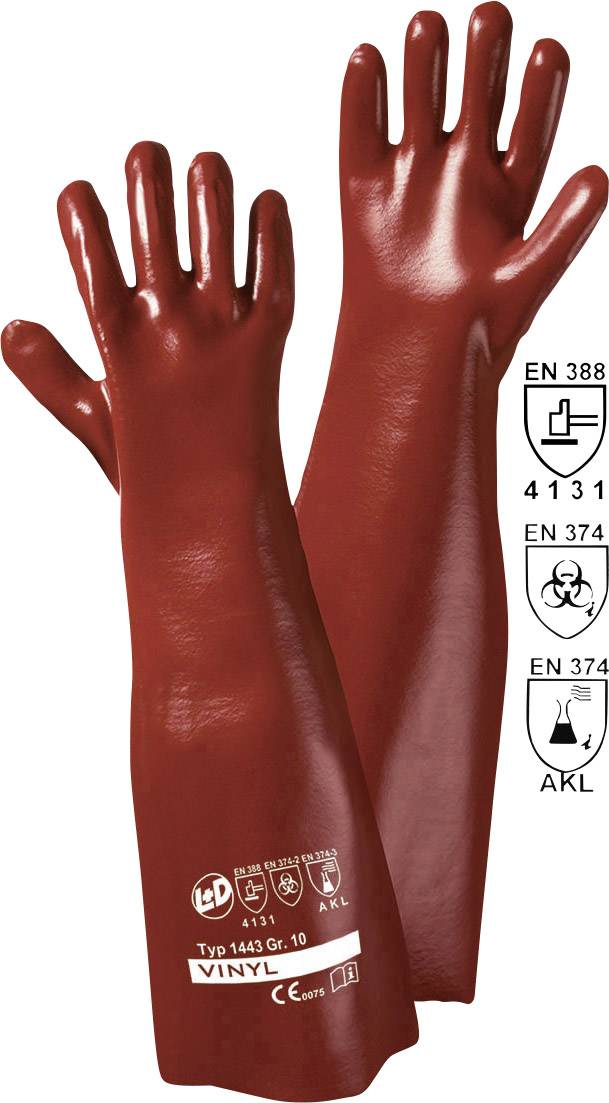 Rote Schutzhandschuhe mit Sicherheitskennzeichnungen und EN-Normen 388, 374, geeignet für chemische und mechanische Risiken.