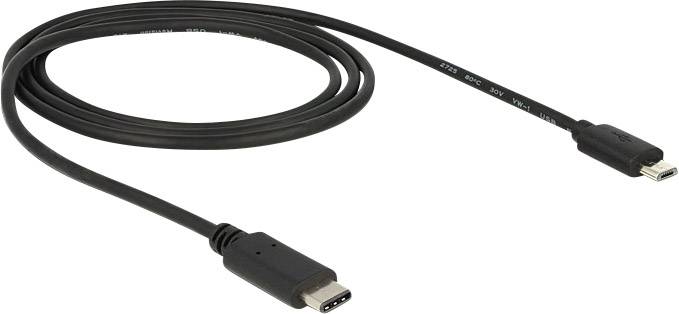 Schwarzes USB-C-Kabel, gewickelt, mit A- und B-Steckern, geeignet für Datenübertragung und Aufladung von Geräten.