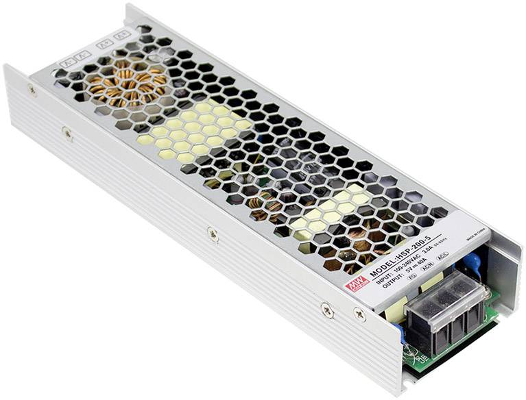 Ein rechteckiges Netzteil mit belüfteter Abdeckung und mehreren elektronischen Bauteilen darunter. Geeignet für industrielle Anwendungen.