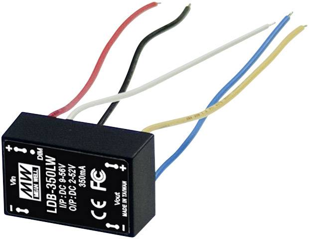Elektronisches Bauteil: Ein quadratischer LED-Treiber mit Aufschriften 'LDB-350LW', mehreren farbigen Drähten zur Stromversorgung.