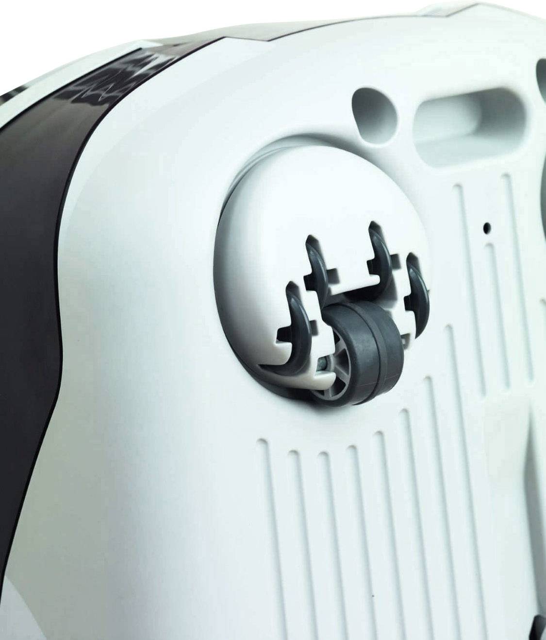 Rückseite eines weißen Elektrogeräts mit Halterung und Kabelaufnahme, das eine sichere Anbringung ermöglicht.