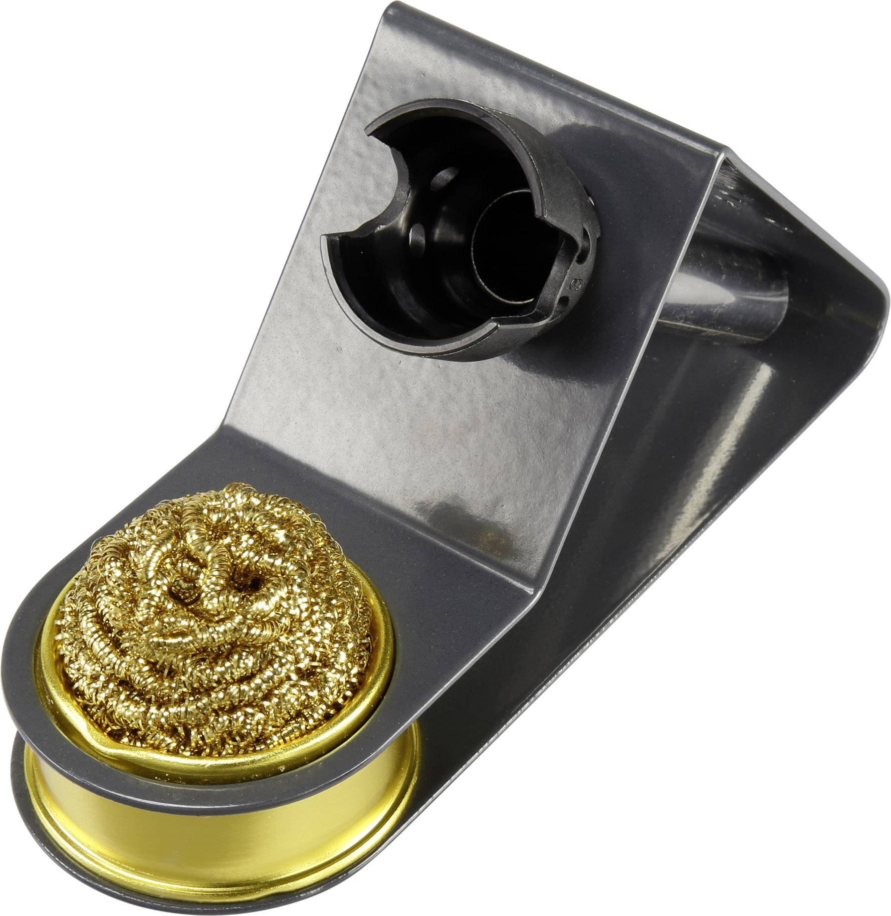 Ein Lötkolbenständer mit einem goldenen Metallschwamm zur Reinigung der Lötspitze.