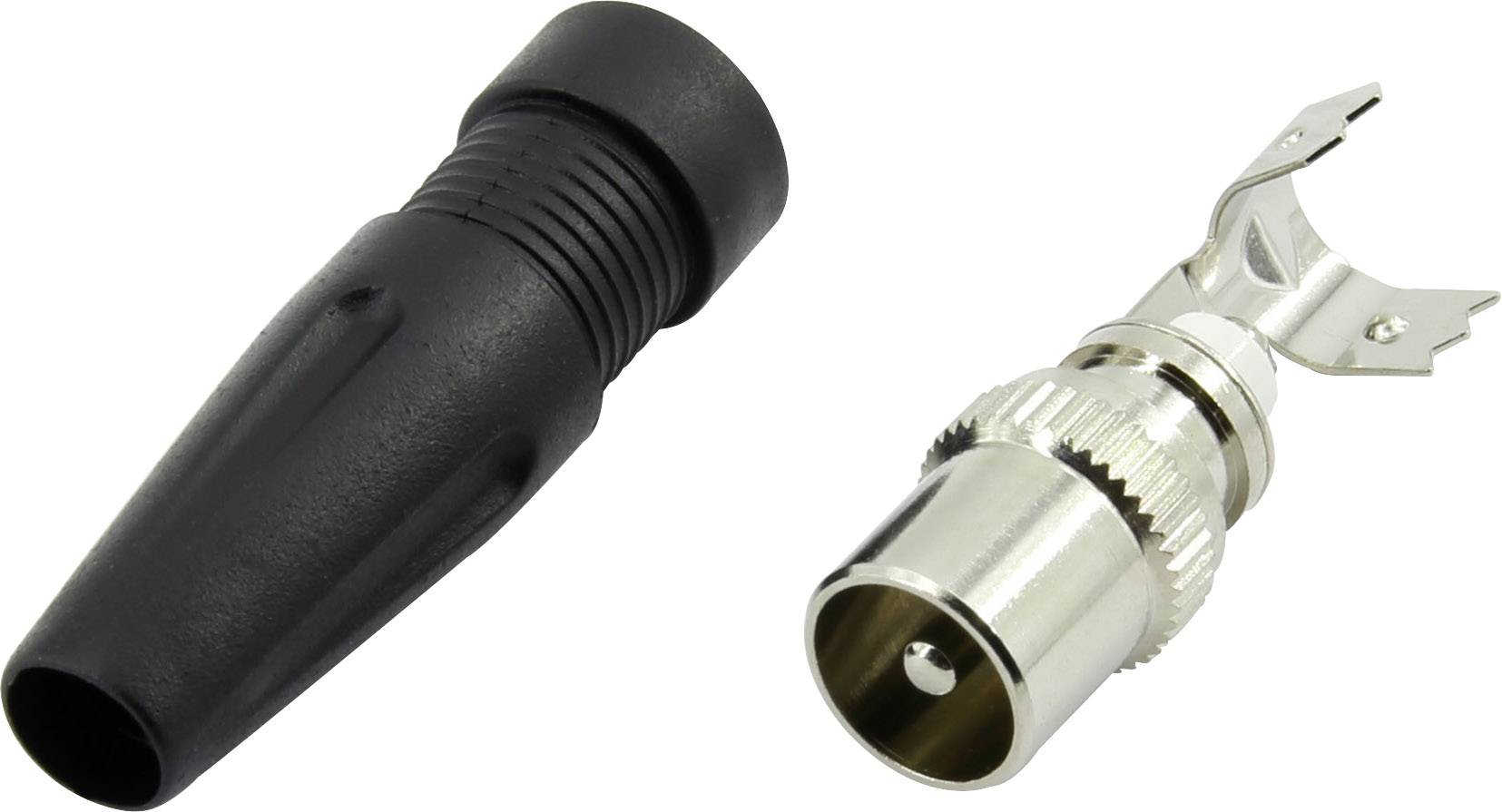 Ein schwarzer Schutzmantel und ein silberner BNC-Stecker für Koaxialkabel sind nebeneinander abgebildet.