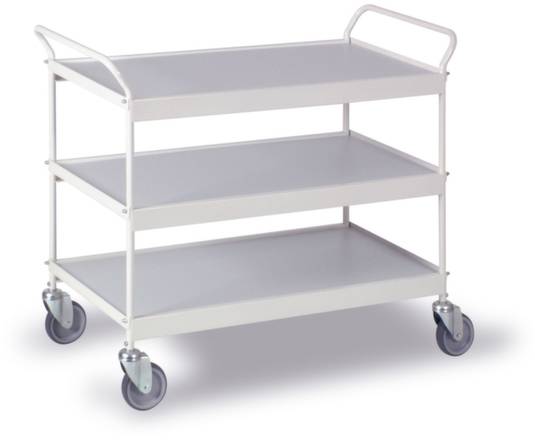 Ein dreistöckiger, weißer Servierwagen mit vier Rädern. Ideal zum Transport von Gegenständen.
