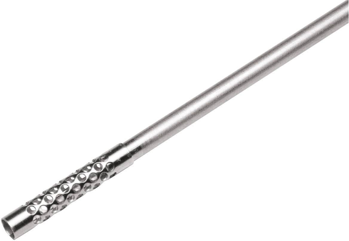 Ein silberner, metallischer Stab mit perforierter Oberfläche an einem Ende.