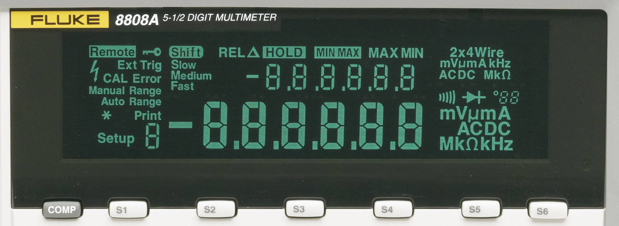 Elektronisches Multimeter-Display zeigt 'Remote', Spannung, Widerstand und Frequenzoptionen, mit mehreren Funktionstasten unten.