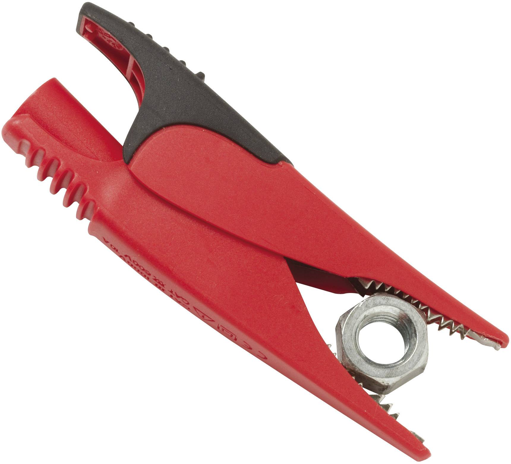 Rote Krokodilklemme, geöffnet, hält eine Metallschraube.