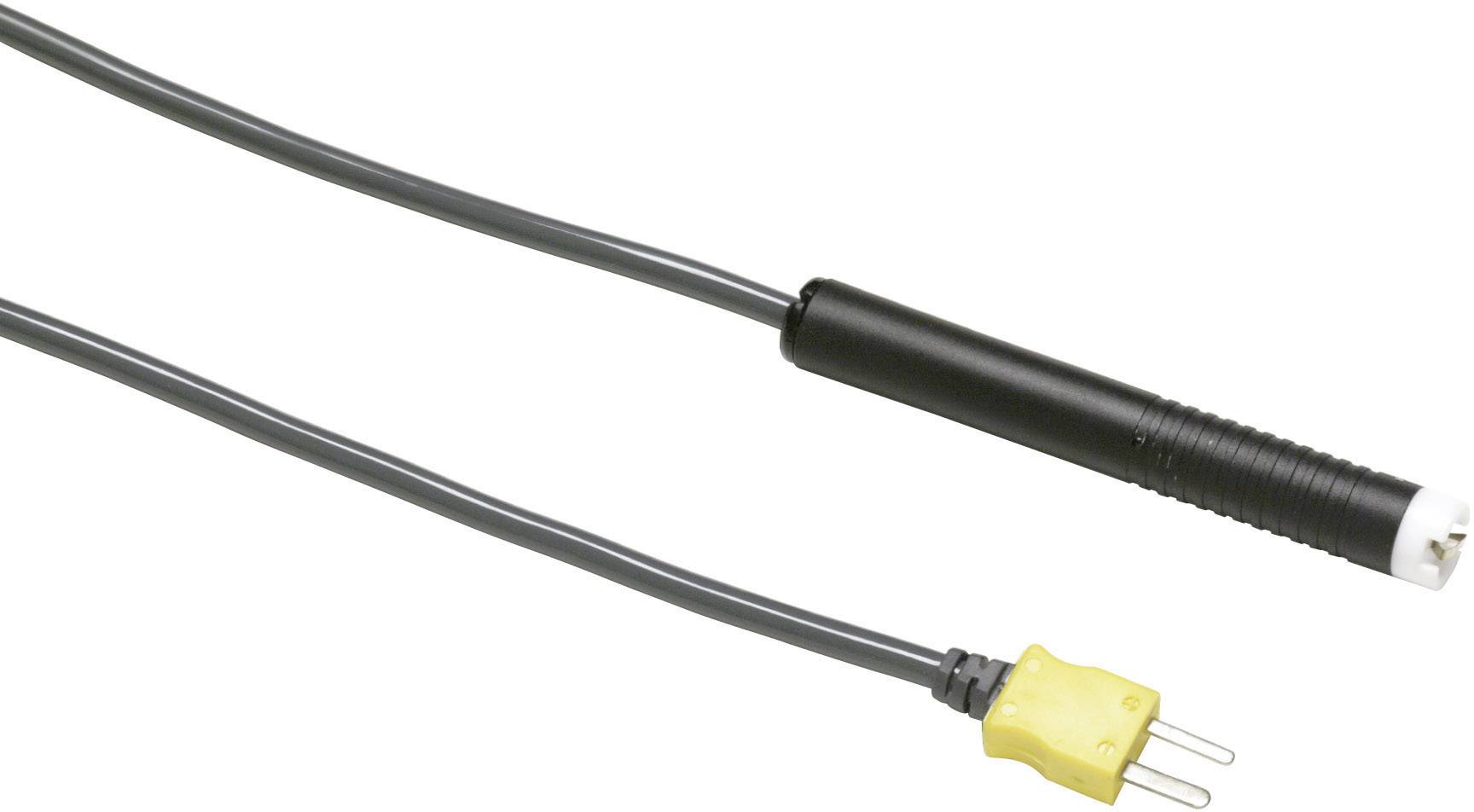 Ein schwarzer Thermosensor mit gelbem Anschlussstecker. Der Sensor hat ein langes Kabel, das mit einem elektronischen Gerät verbunden werden kann.