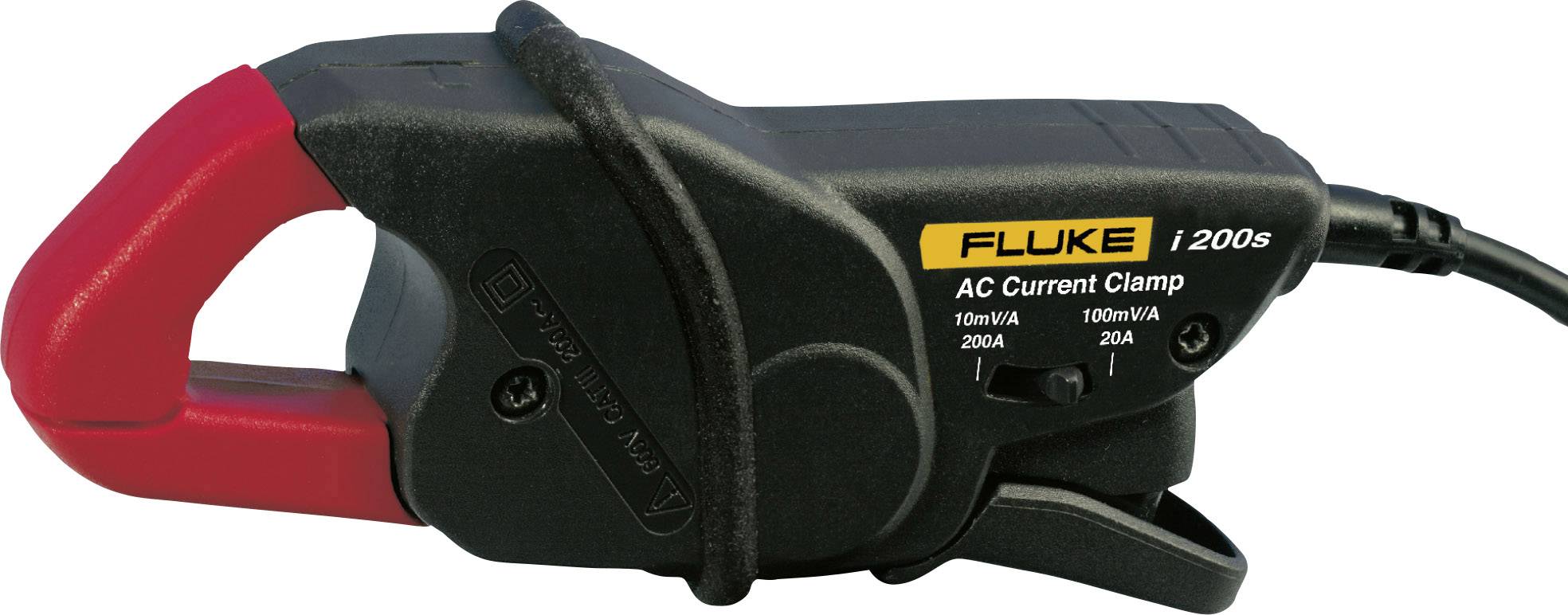 Stromzange 'Fluke i200s' zur Messung von Wechselstrom. Schwarzes Gehäuse mit rotem Kiefer und gelbem Label.