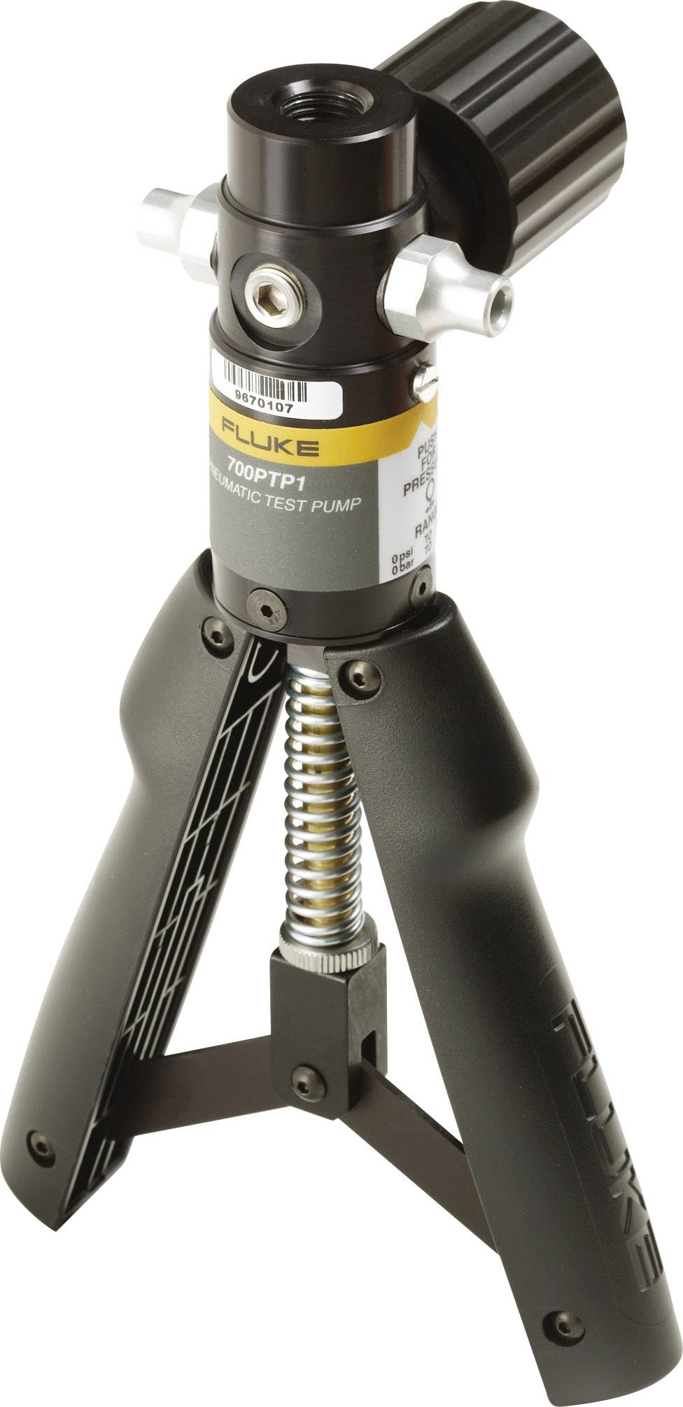 Eine schwarze Handpumpe mit einem Druckregler und Griffen. Markiert als 'Fluke 700PTP-1 Pneumatic Test Pump'.