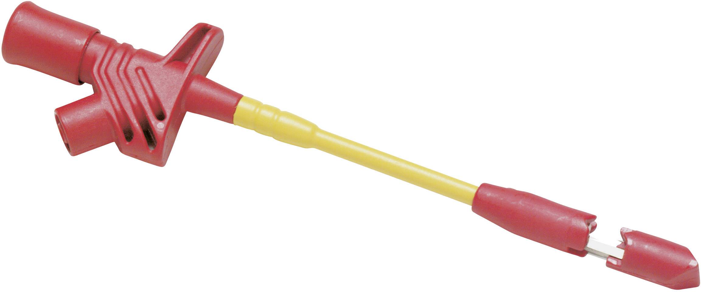 Ein roter, isolierter elektrischer Prüfstecker mit gelbem Griff und abnehmbarer Kunststoffkappe.