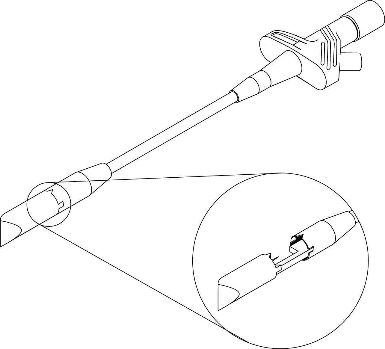 Illustration eines medizinischen Tubus mit detaillierter Ansicht eines beschädigten Abschnitts in einem Kreis hervorgehoben.