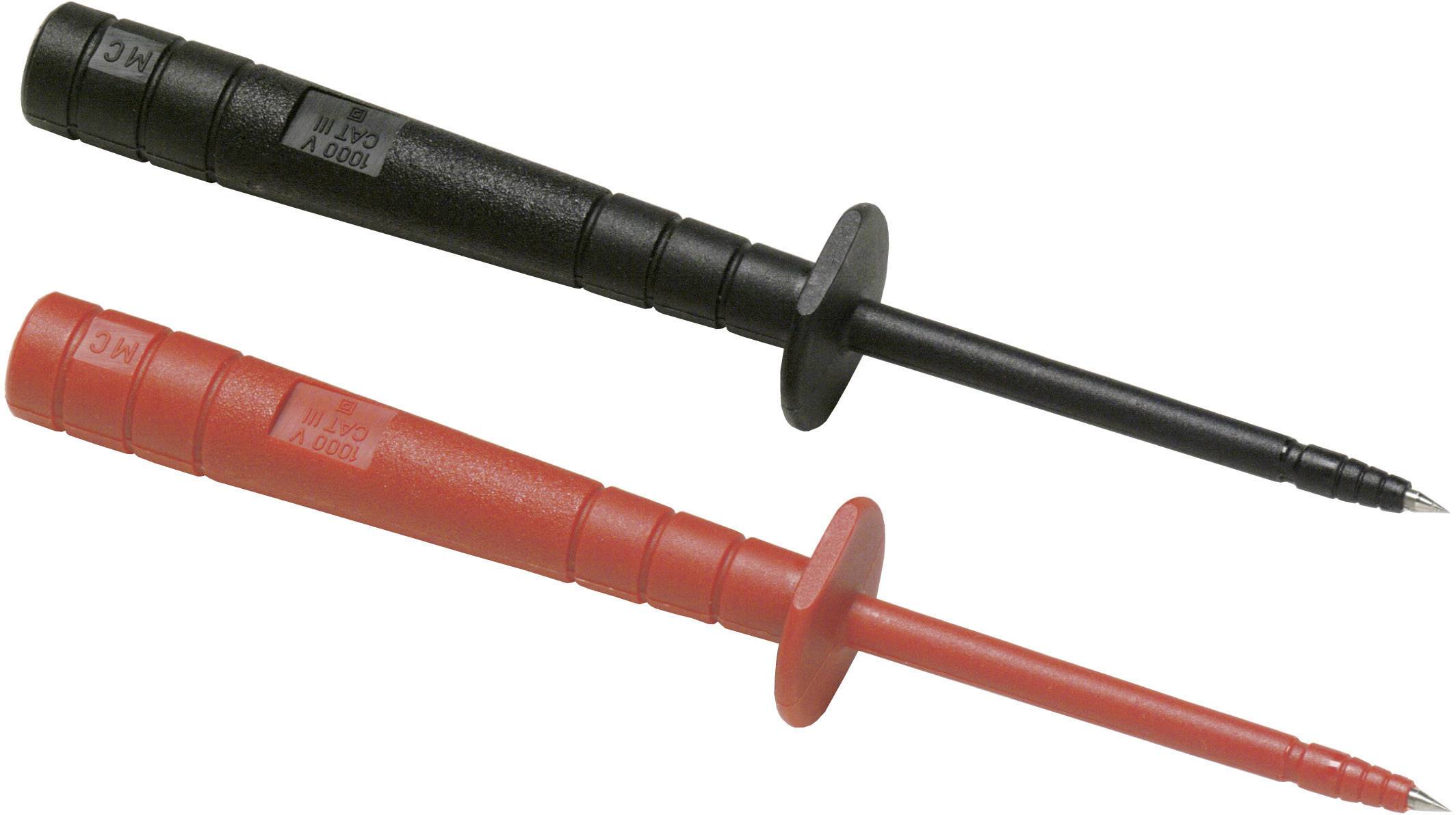 Zwei Prüfspitzen in Schwarz und Rot, verwendet für Elektrotests, liegen nebeneinander auf einer weißen Oberfläche.