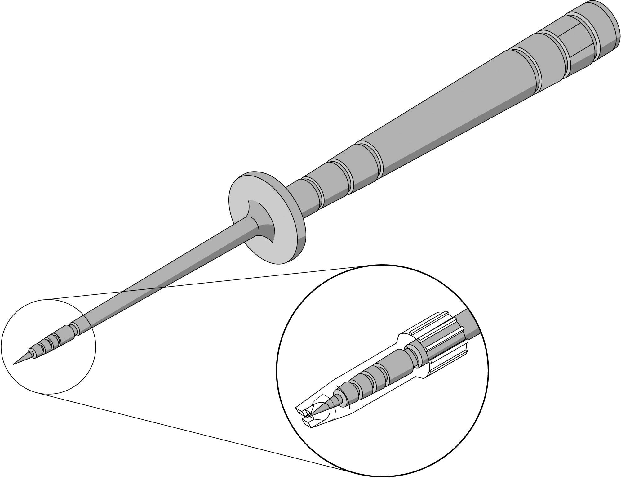 Ein chirurgisches Instrument: eine lange, dünne Nadel mit Griff und vergrößertem Einsatzbereich.