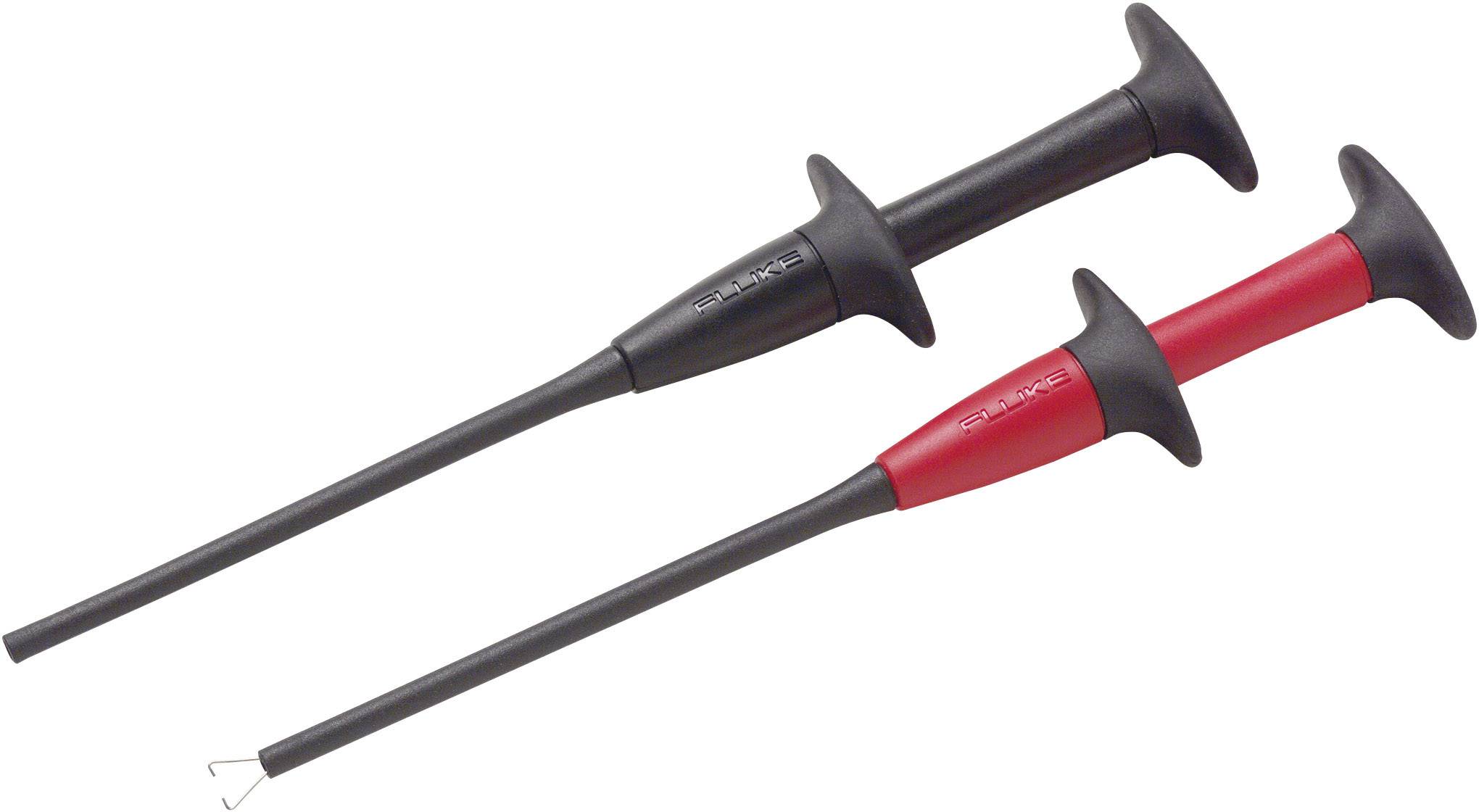 Zwei Prüfklemmen, eine schwarz und eine rot, mit langen Griffen und Haken. Sie dienen zum Testen elektrischer Verbindungen.