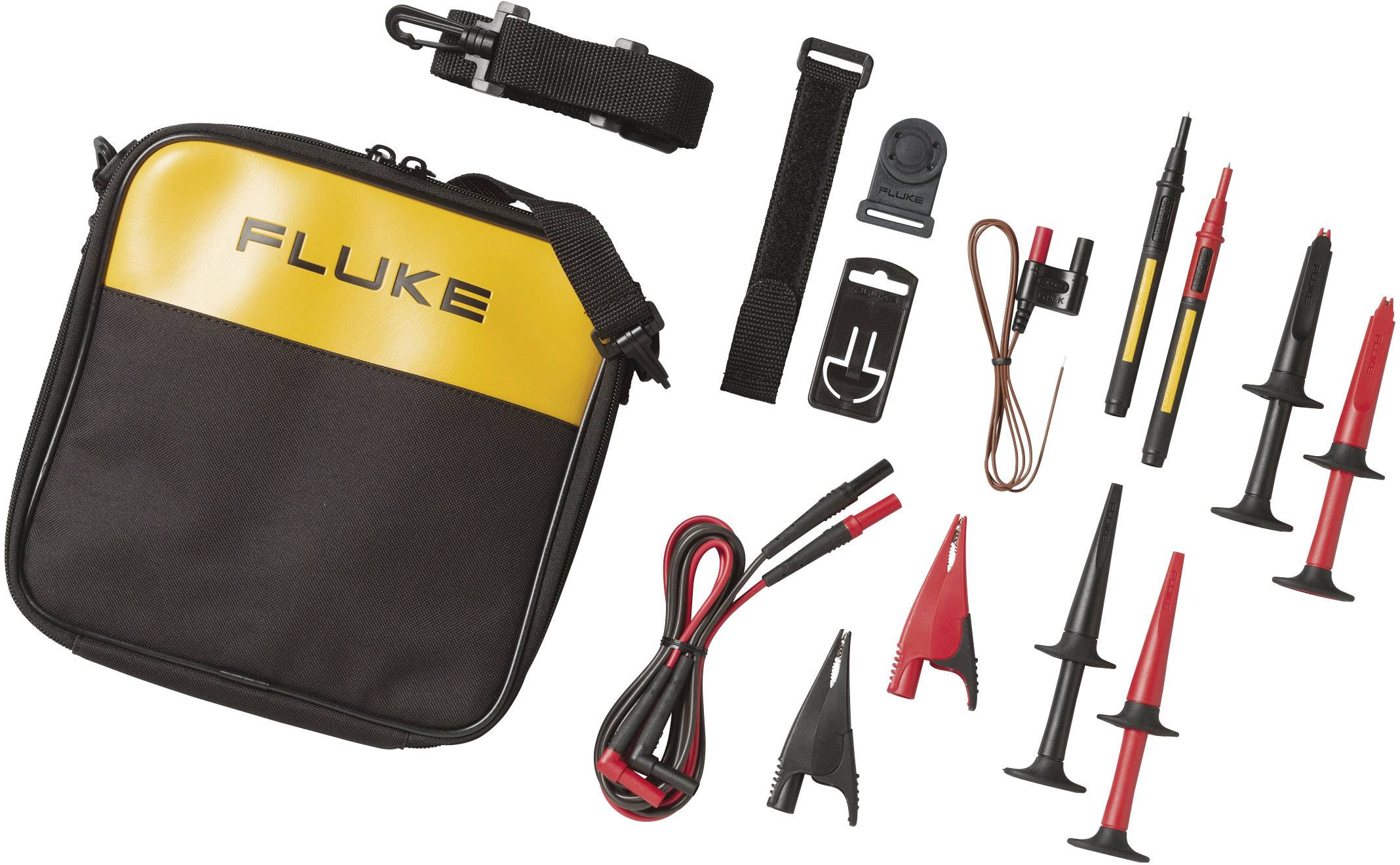 Messgerät-Set mit gelber Tasche, 'Fluke'-Logo, Kabeln und Zubehörteilen. Enthält Prüfspitzen, Klemmzubehör und Verbindungskabel.