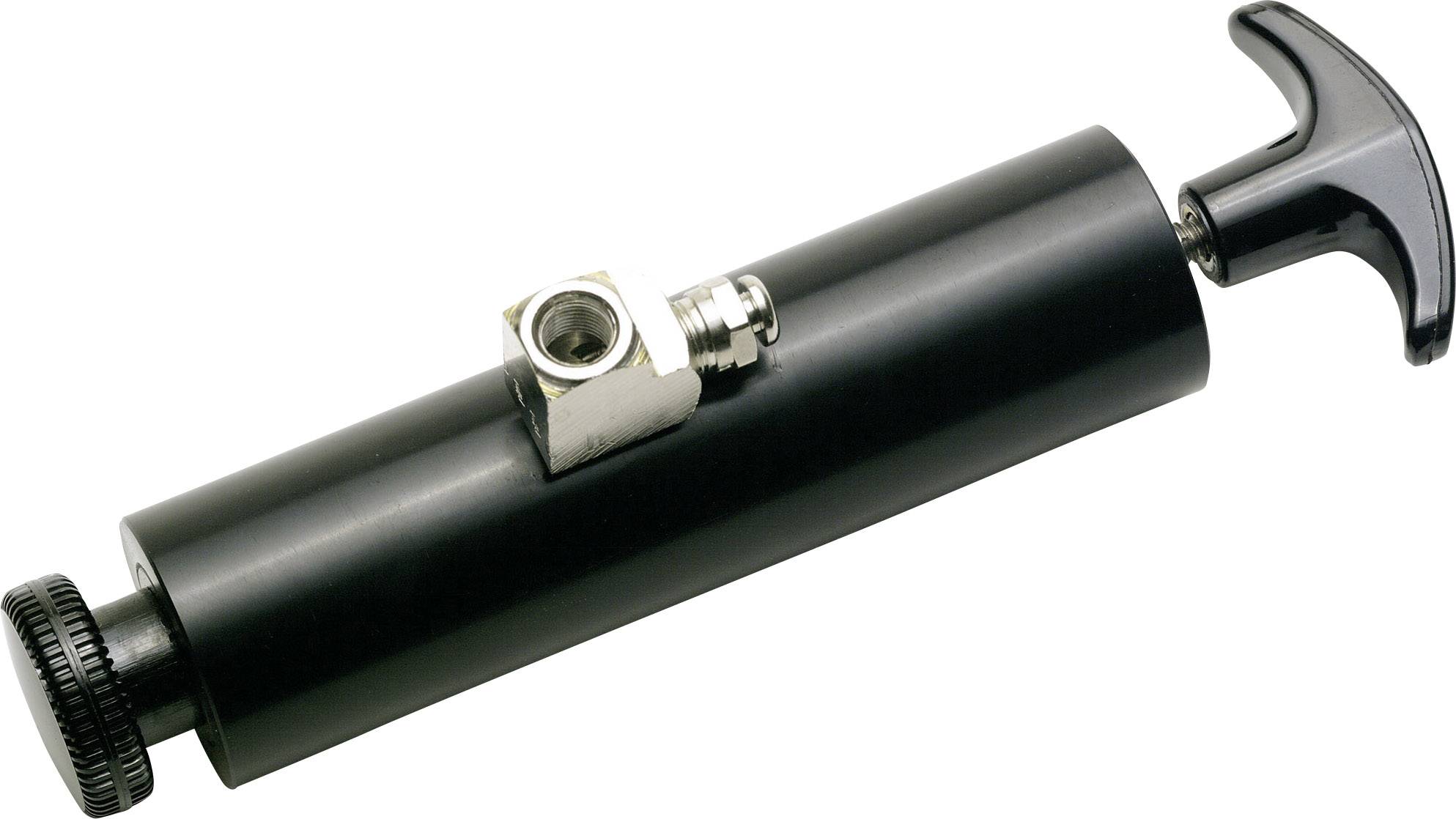 Schwarze manuelle Vakuumpumpe mit T-förmigem Griff, verwendet für spezifische Anwendungen, zeigt das einfache Design und die Funktionalität.