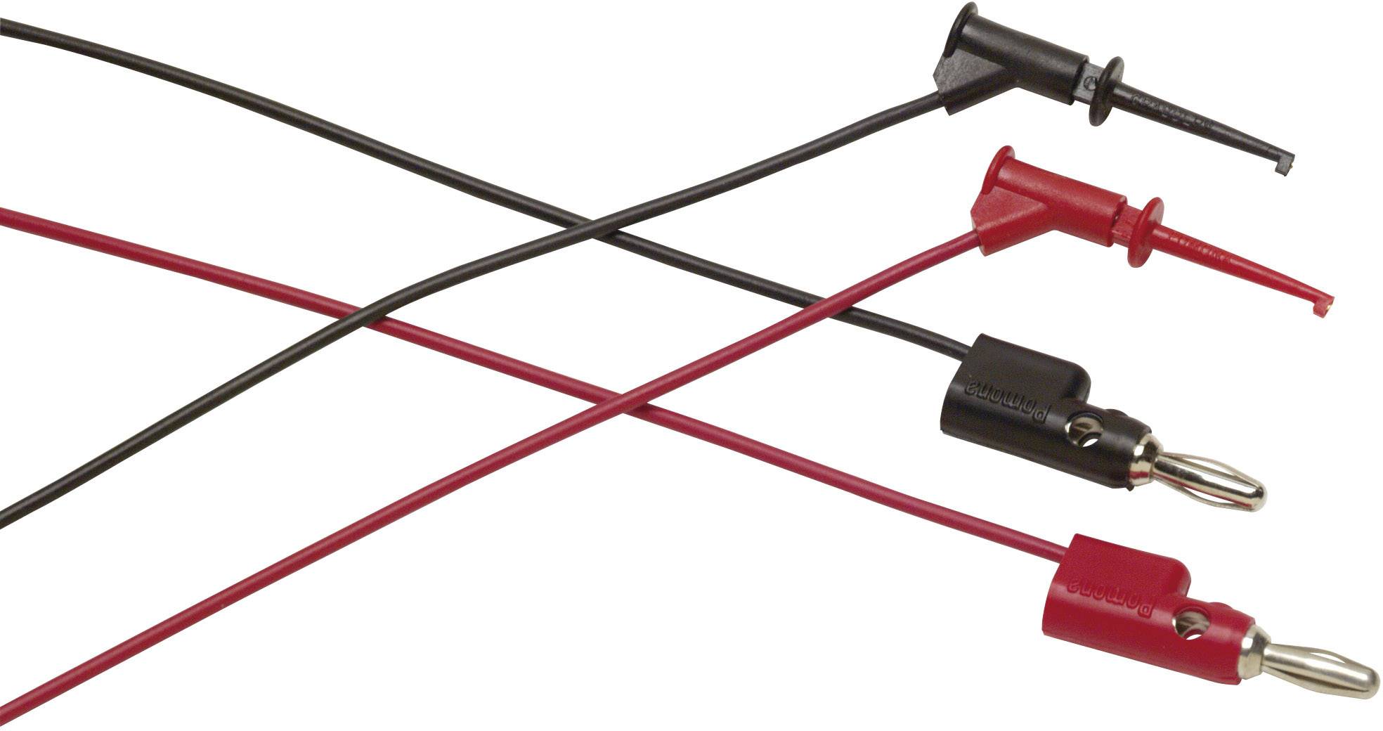 Zwei farbige Prüfkabel, eines schwarz und eines rot, mit Krokodilklemmen an den Enden, die sich diagonal überkreuzen.