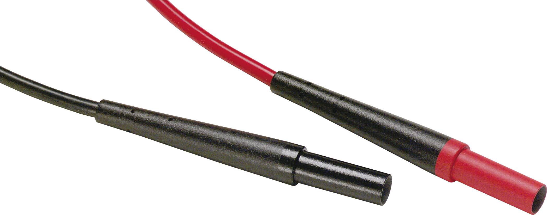 Zwei Messkabel, eins rot und eins schwarz, mit isolierten Steckern zum Anschluss an elektrische Geräte.