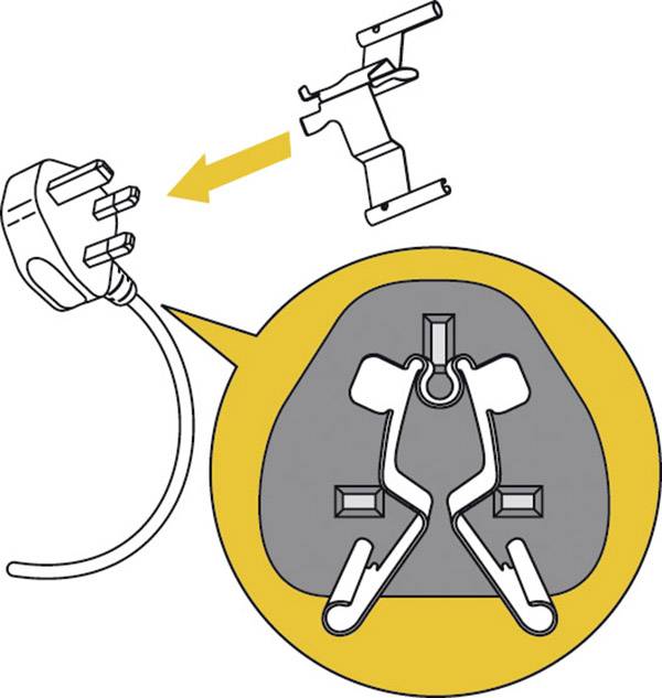 Abbildung zeigt einen dreipoligen Stecker mit hervorgehobenem, gelben Lösenmechanismus für eine verbundene Halterung.