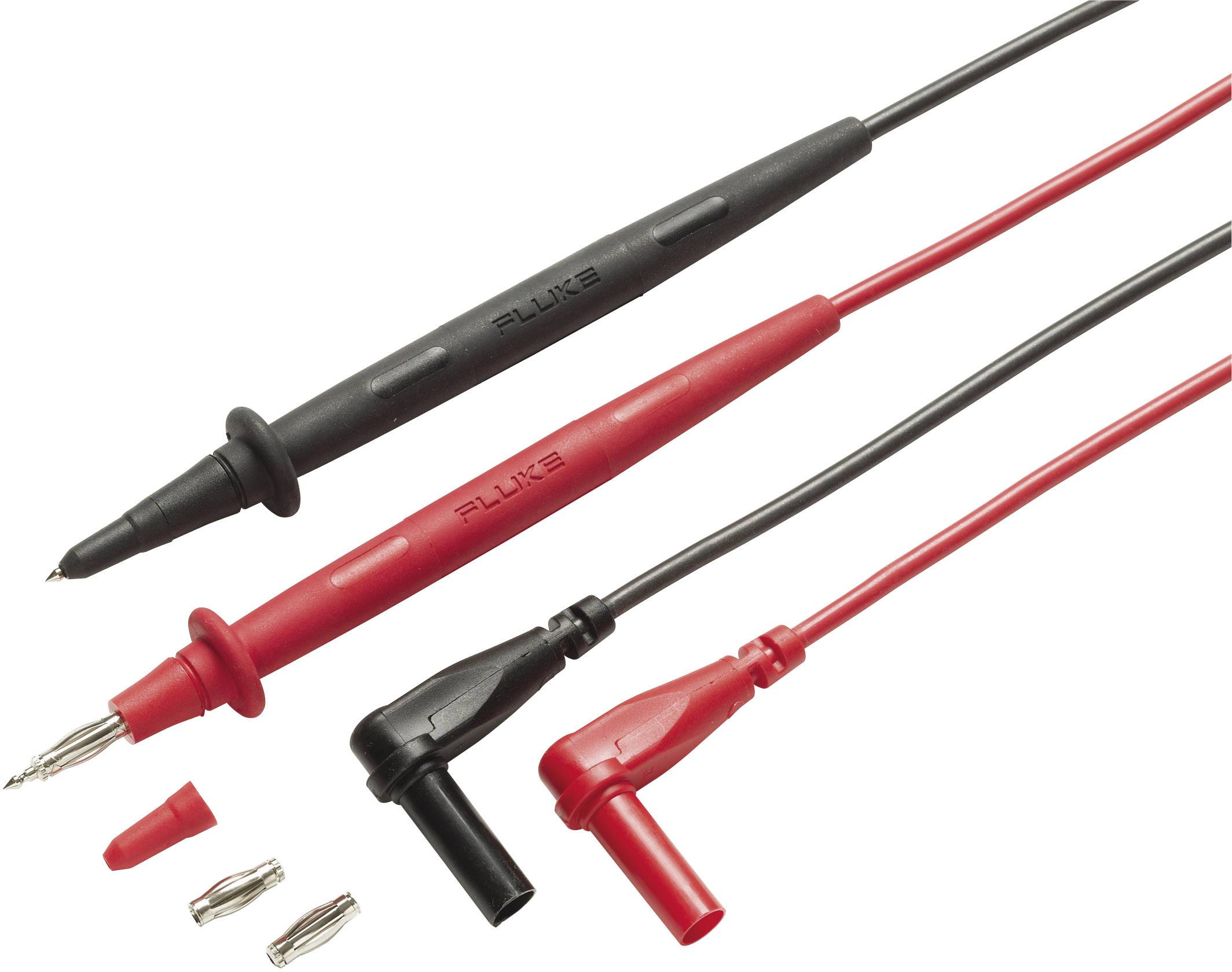 Zwei Messkabel mit schwarzen und roten Spitzen, geeignet für Multimeter-Messungen. Zubehörteile sind ebenfalls abgebildet.