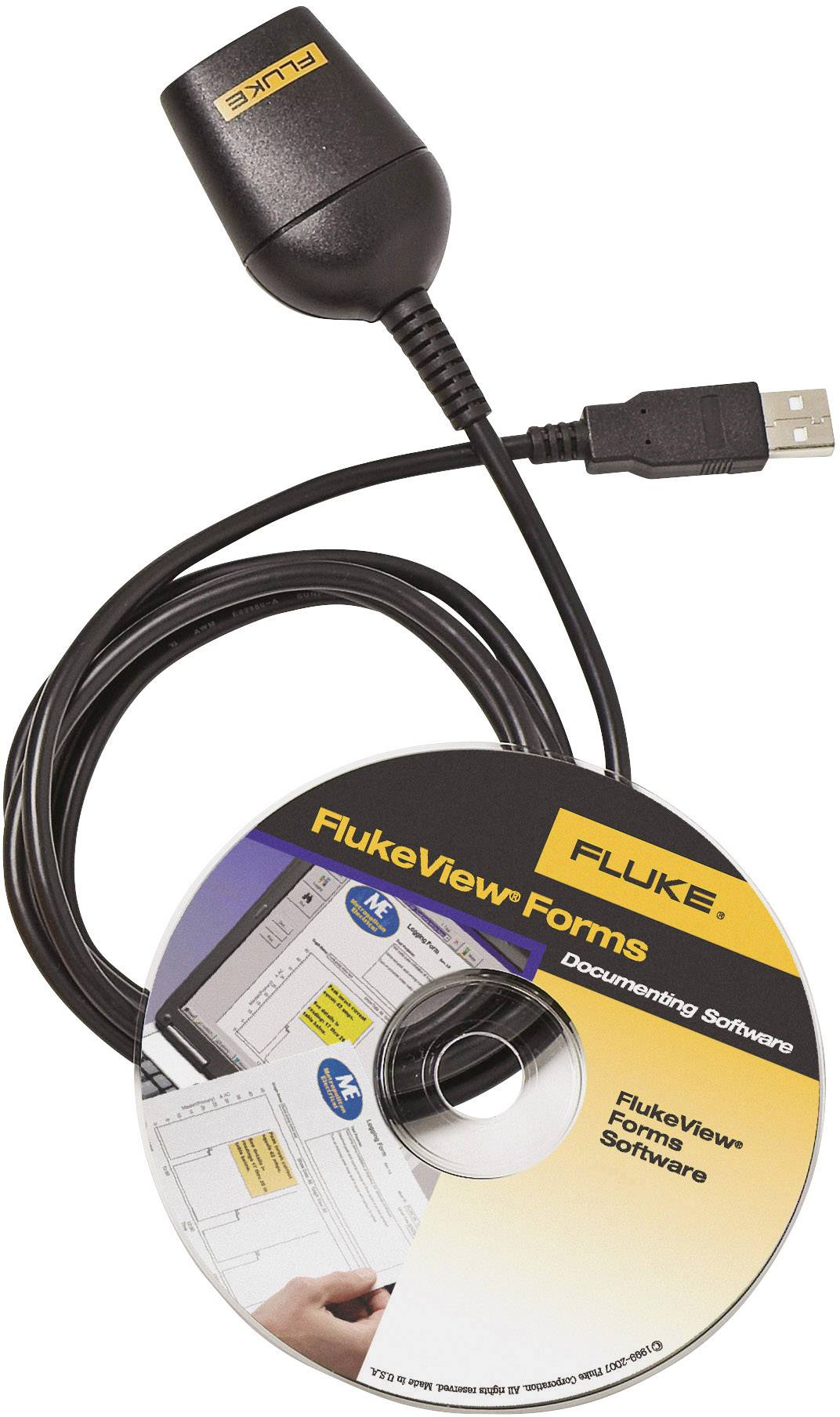 'FlukeView Forms' Software-CD und USB-Kabel. Dokumentationssoftware zur Analyse und Speicherung von Daten.