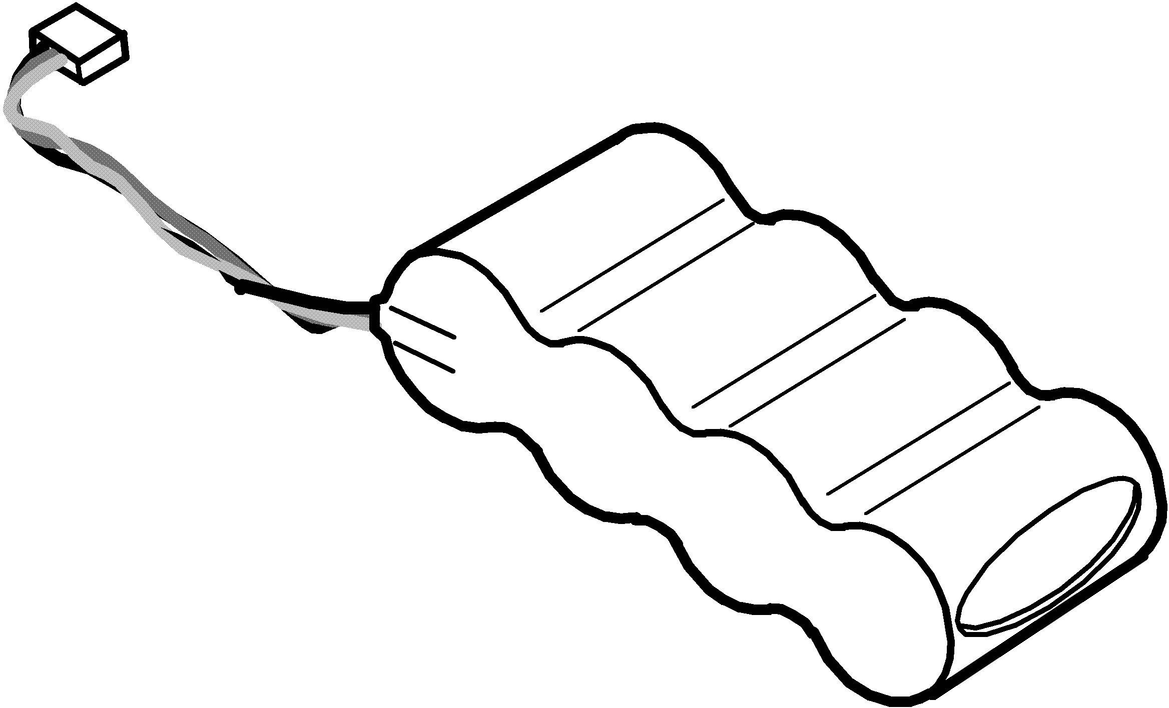 Schwarz-weiße Zeichnung eines wiederaufladbaren Akku-Packs mit gewellter Oberfläche und Anschlusskabel.