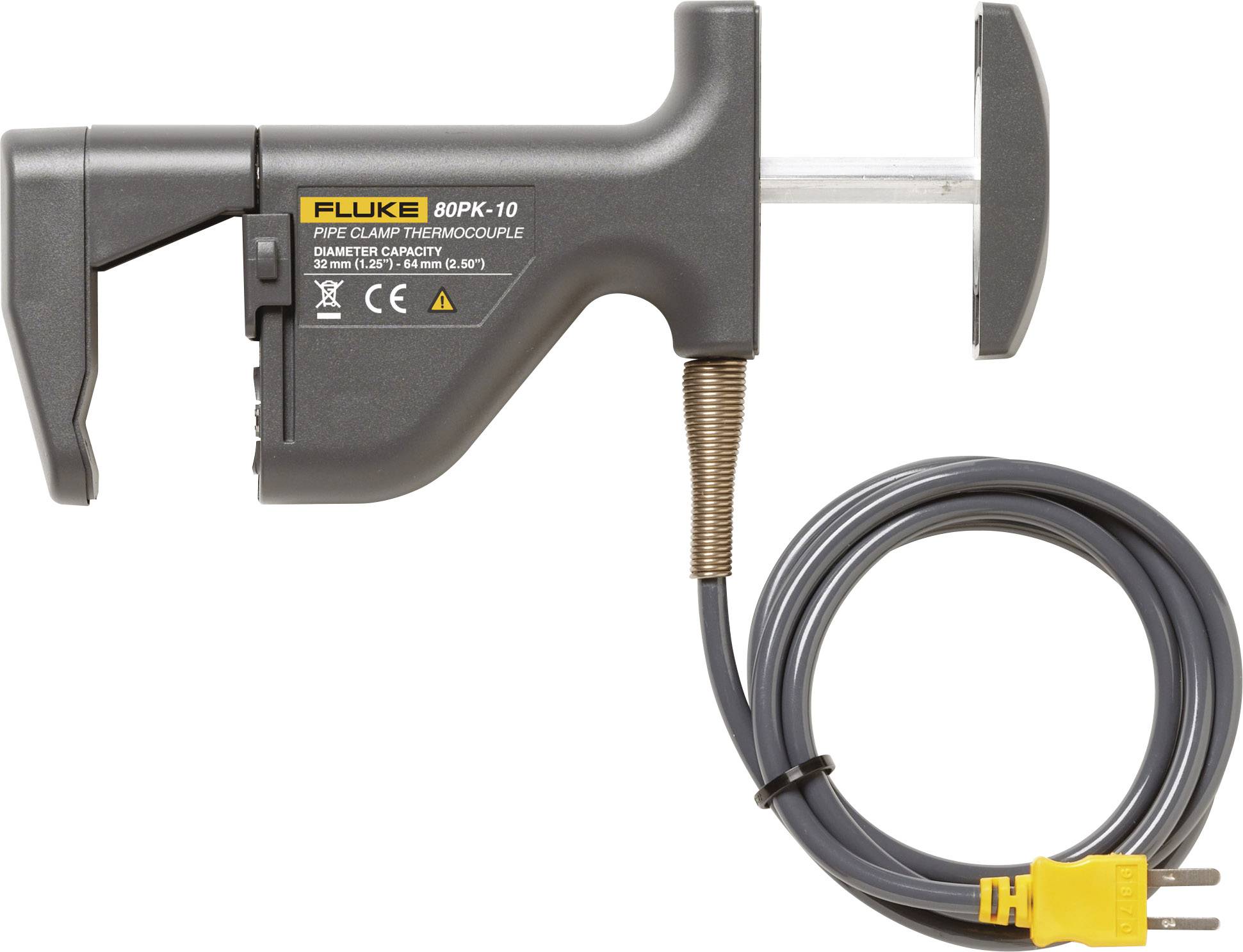 Ein graues Fluke 80PK-10 Pfeifenklemmen-Thermoelement mit gelbem Stecker und Spiralkabel, zur Temperaturmessung an Rohren.