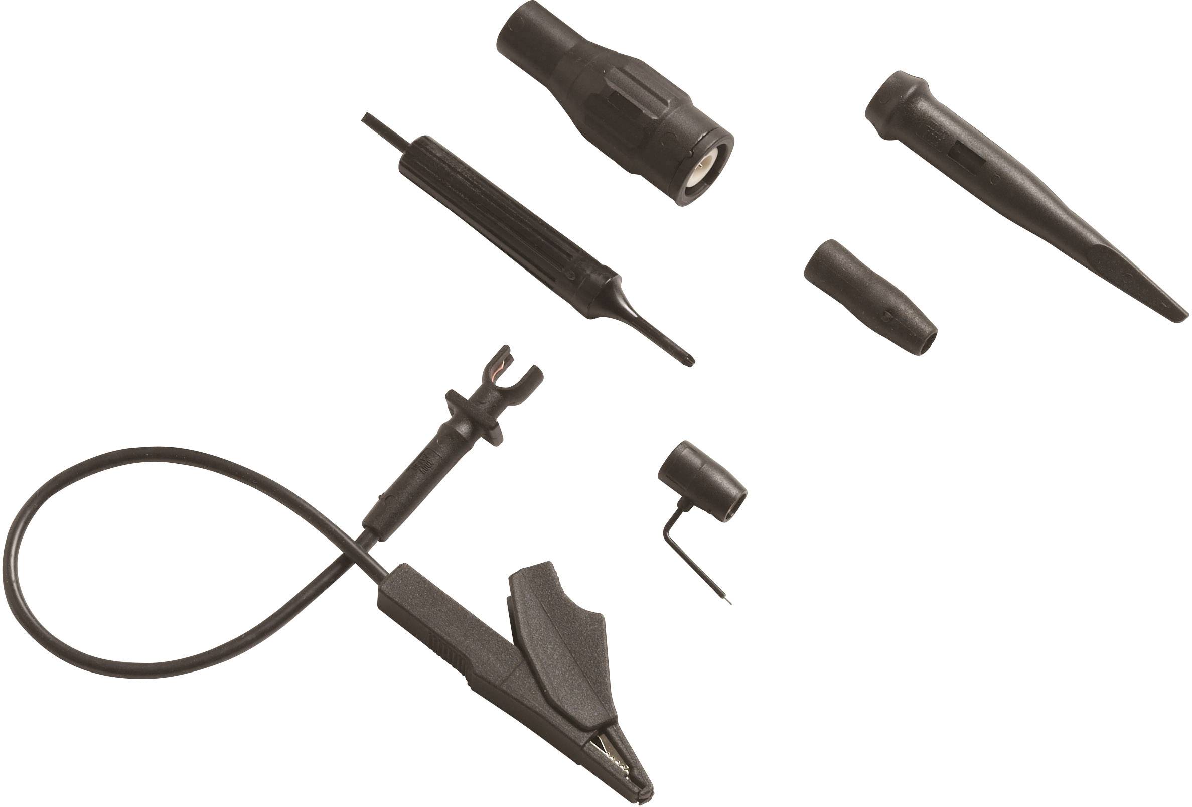 Set von schwarzen Tastköpfen und Klemmen, bestehend aus verschiedenen austauschbaren Spitzen und einer Kabelklemme.