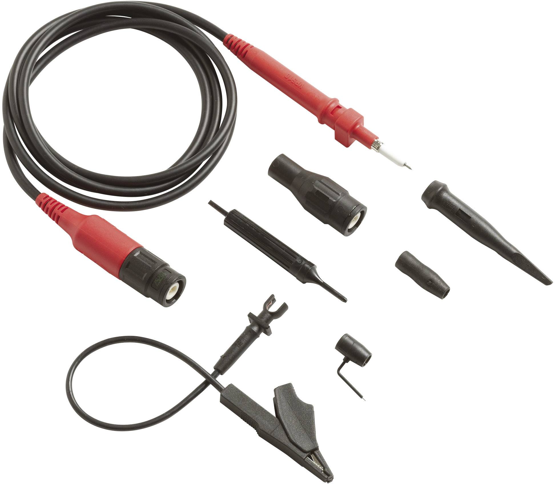 Ein Satz von Prüfspitzen, Kabeln und Zubehör zur elektrischen Messung. Enthält verschiedene Adapter und Klemmen.