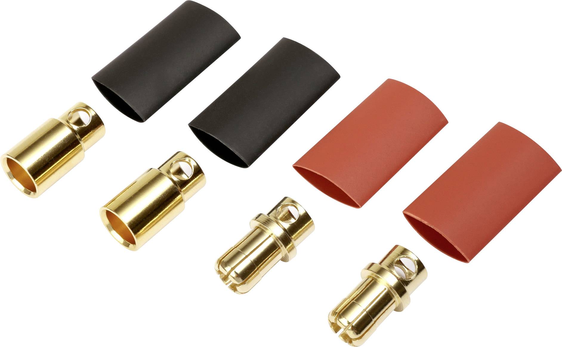 Goldene Bananenstecker und rot-schwarze Schrumpfschläuche für elektrische Verbindungen, in drei Paaren angeordnet.