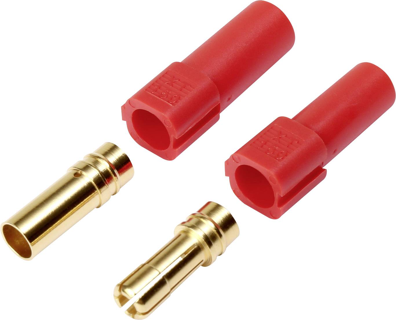 Zwei rote Kunststoff-Steckergehäuse und zwei goldene Metallstecker in Nahaufnahme, die für elektrische Verbindungen verwendet werden.