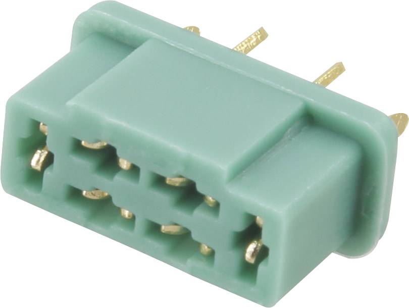 Grüner fünfpoliger Steckverbinder mit goldenen Kontakten, für elektronische Anwendungen geeignet.