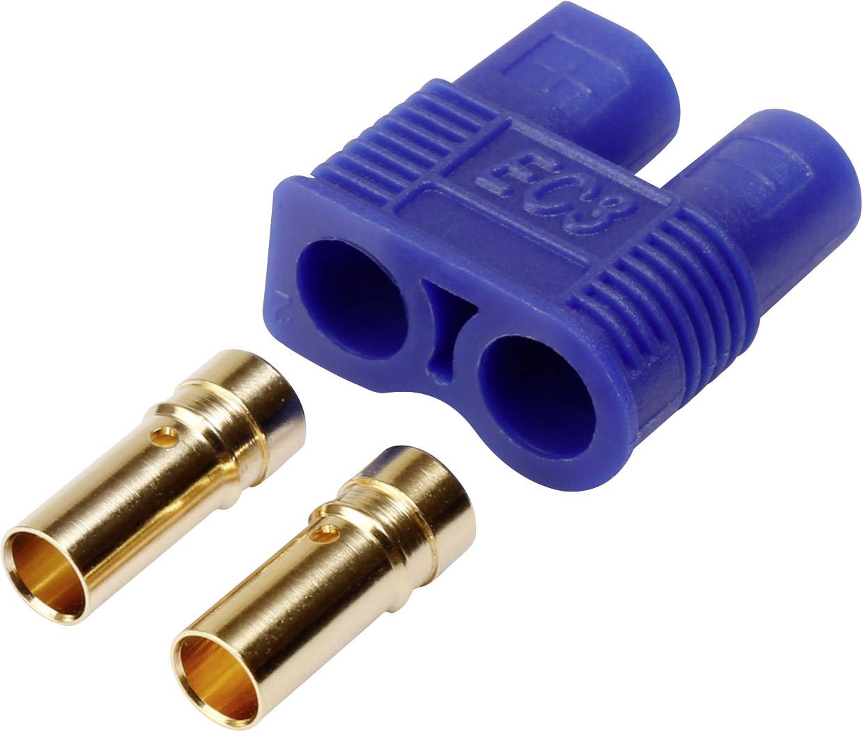 Zwei goldene Steckkontakte und ein blauer, doppelter Steckverbinder.