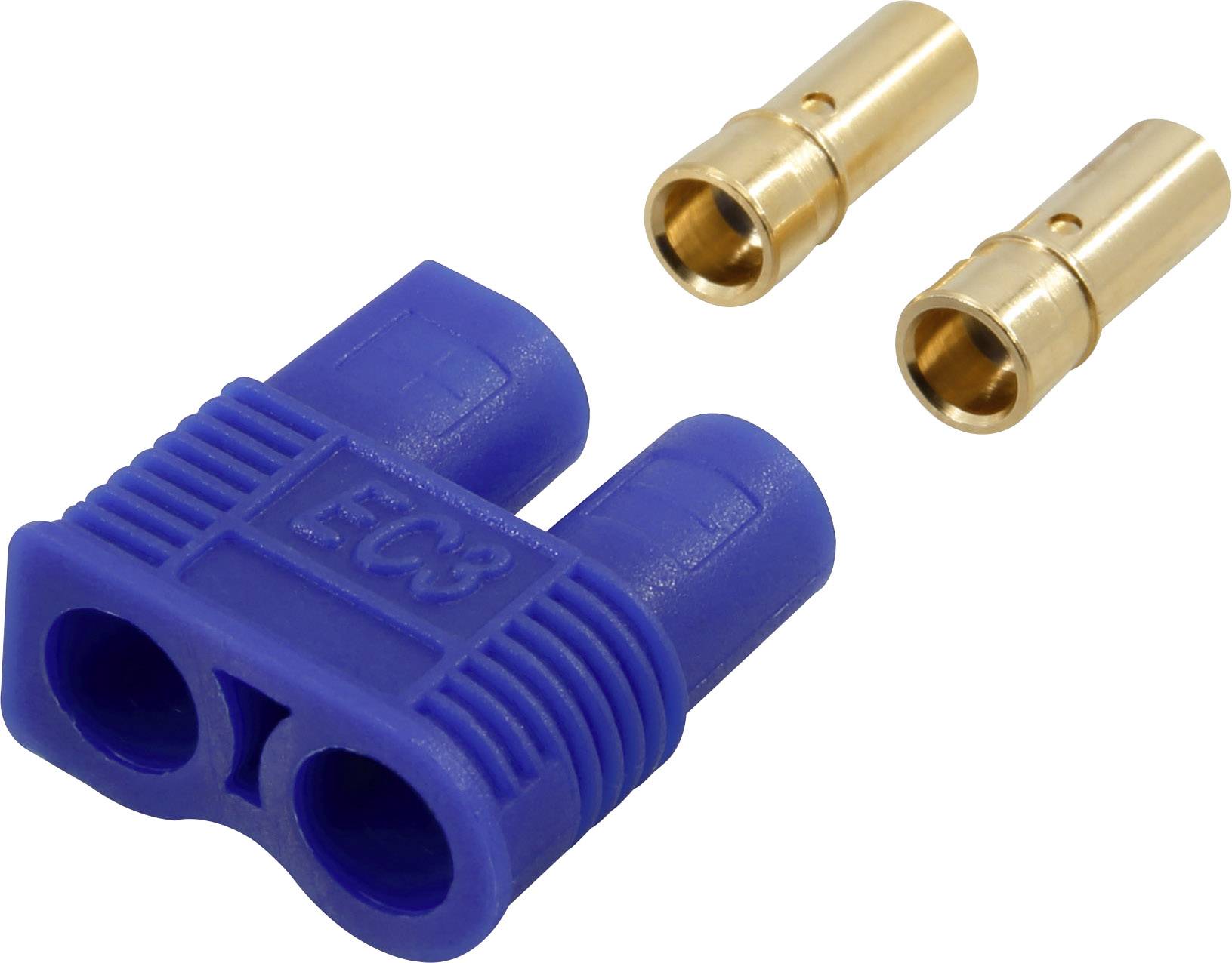 Ein blauer EC3-Stecker mit zwei goldenen Kontakten. Der Stecker wird häufig in elektronischen Anwendungen zum sicheren Verbinden verwendet.