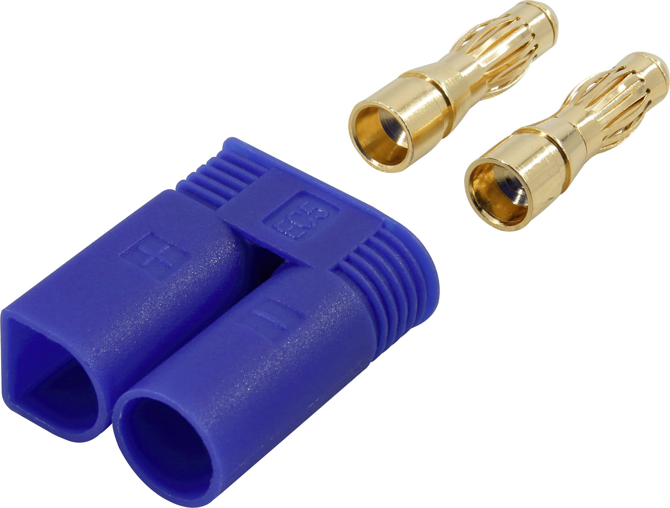 Ein blaues Doppelsteckverbindergehäuse und zwei goldene Bananenstecker.