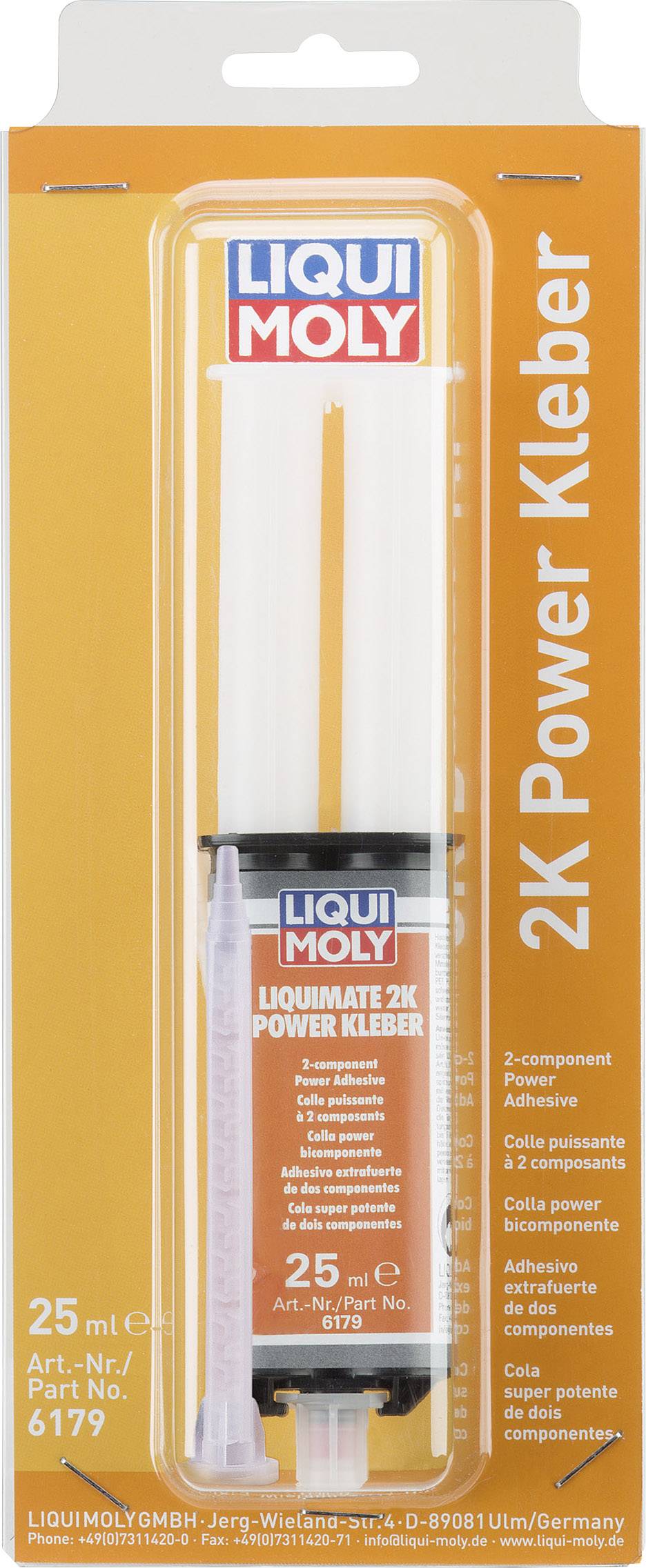 'Liqui Moly 2K Power Kleber' in Verpackung, Zwei-Komponenten-Kleber, Inhalt 25 ml, Artikelnummer 6179, geeignet für verschiedene Materialien.