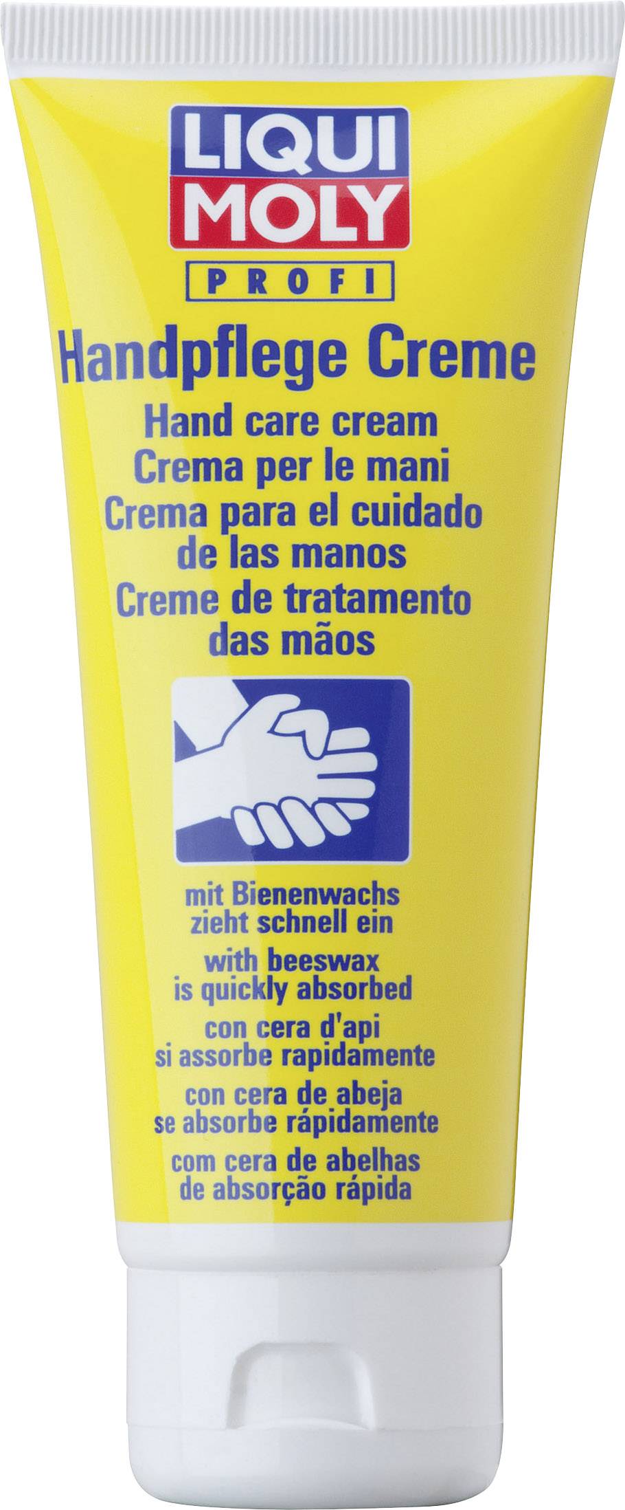 'Handpflege Creme' von Liqui Moly in gelber Tube. Enthält Bienenwachs. Text in mehreren Sprachen zur Handpflege.