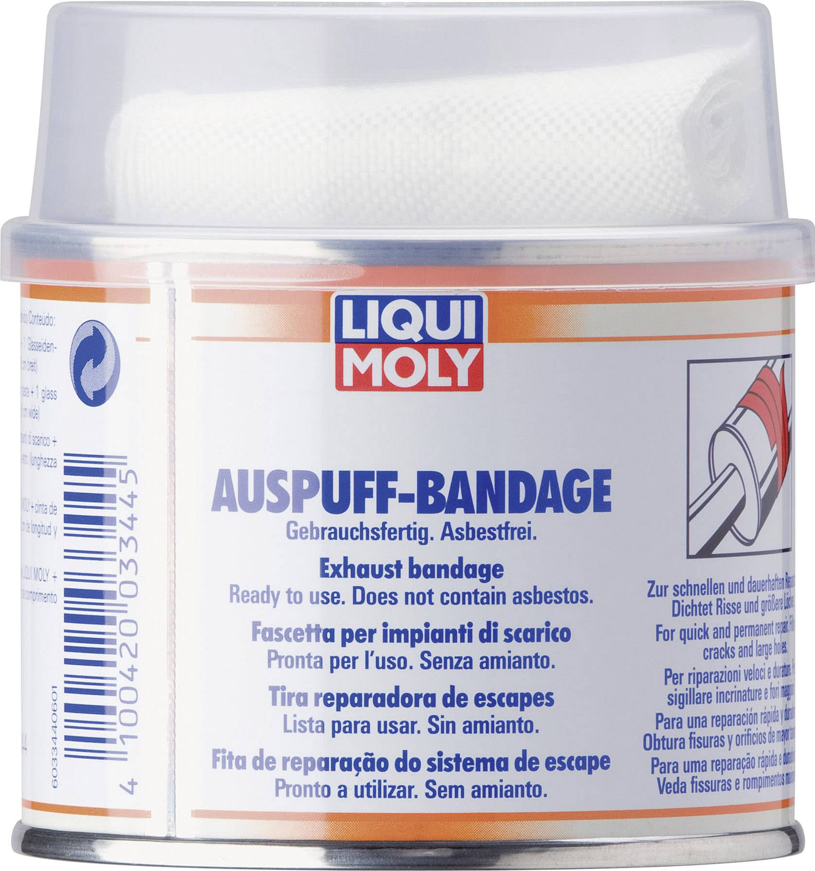 Eine Dose enthält eine gebrauchsfertige Auspuffbandage von Liqui Moly, asbestfrei. Text auf Englisch, Deutsch, Italienisch und Portugiesisch.