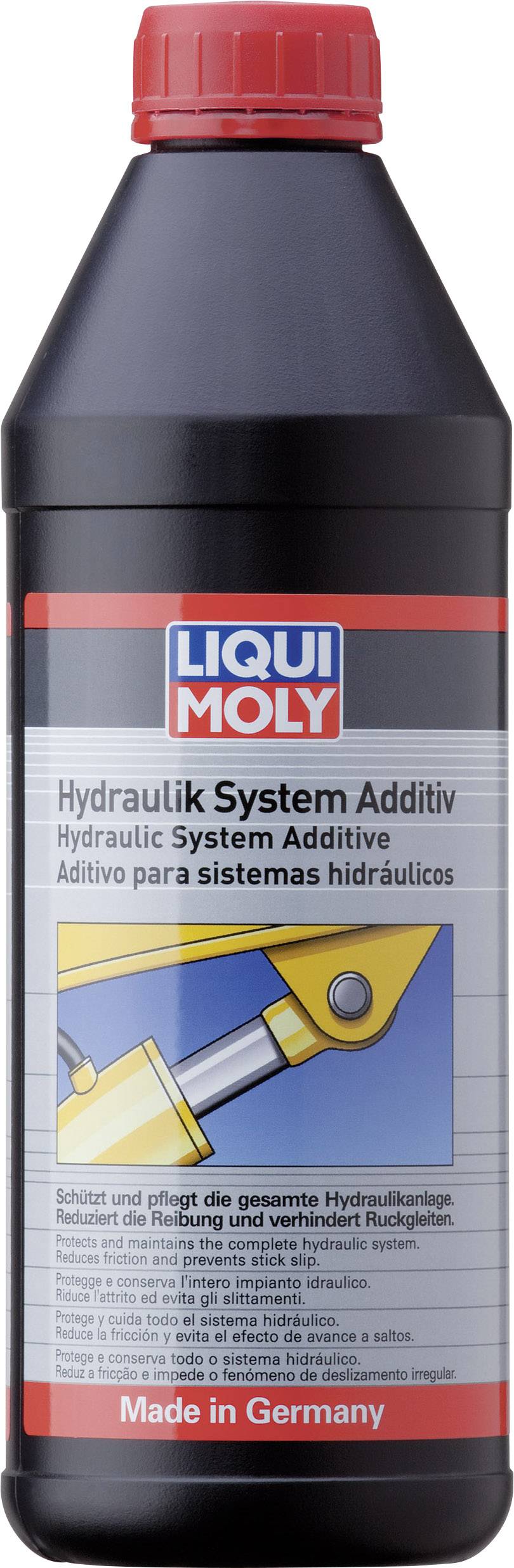 Schwarze Flasche 'Liqui Moly Hydraulik System Additiv'. Schützt und pflegt Hydrauliksysteme. Text in verschiedenen Sprachen. Made in Germany.