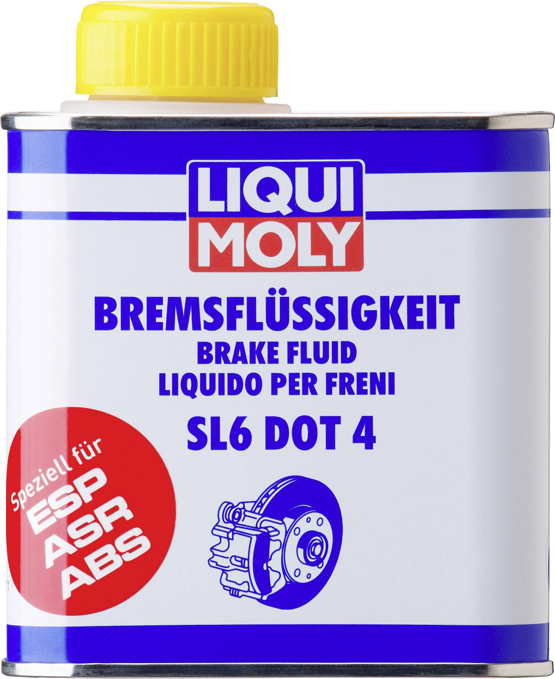 Eine blaue Dose Liqui Moly Bremsflüssigkeit SL6 DOT 4 mit gelbem Deckel. Text auf der Dose: 'Speziell für ESP, ASR, ABS'.
