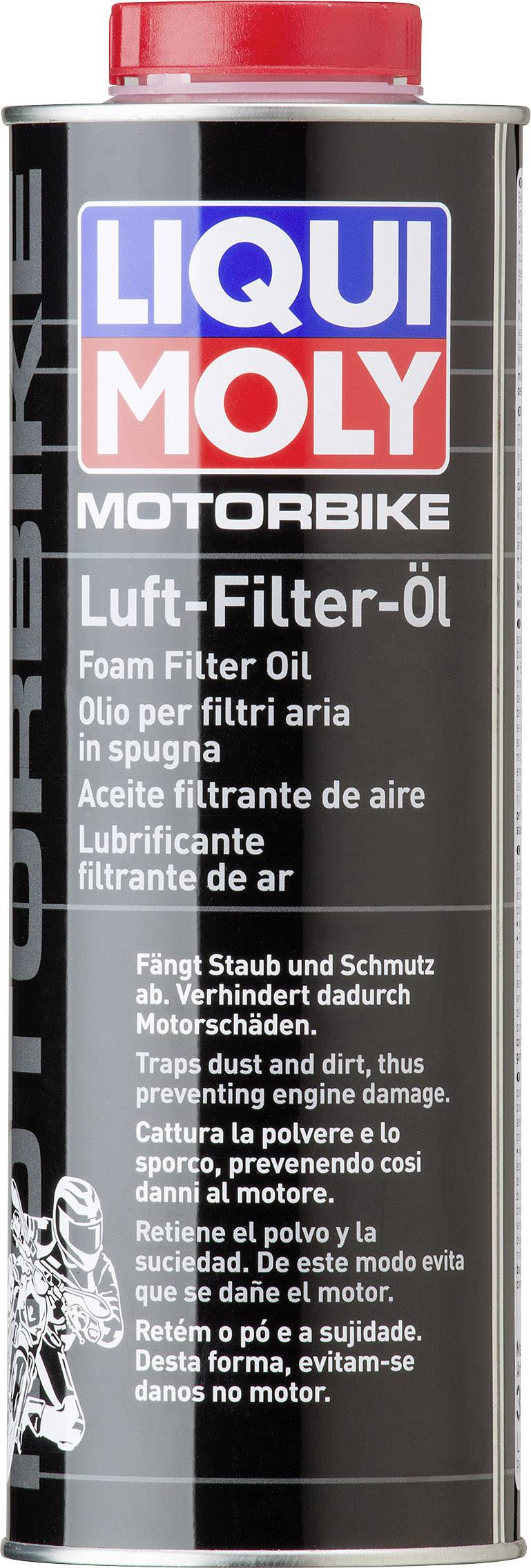 'LIQUI MOLY Motorbike Luft-Filter-Öl' Dose. Enthält mehrsprachigen Text: 'Fängt Staub und Schmutz ab, verhindert dadurch Motorschäden.'