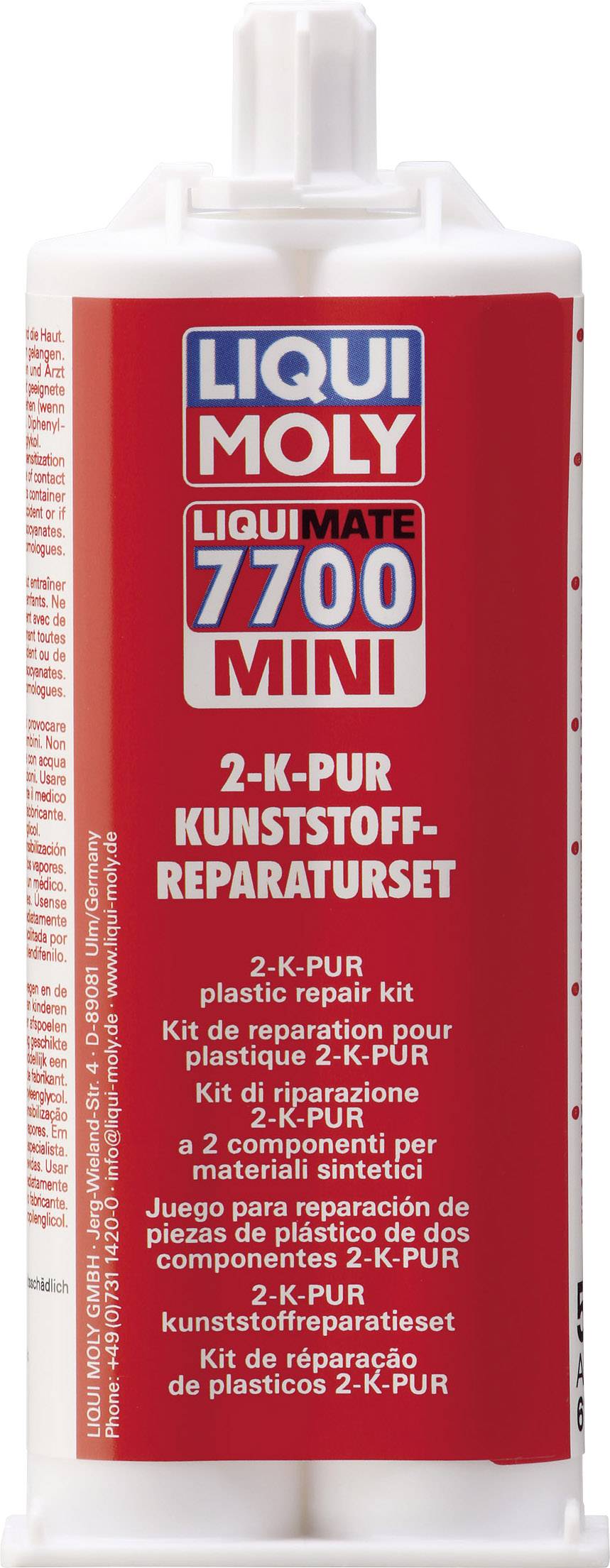 Rote Verpackung des LIQUI MOLY 2-K-PUR Kunststoff-Reparatursets, enthält Informationen in mehreren Sprachen zur Anwendung von Kunststoffreparaturen.