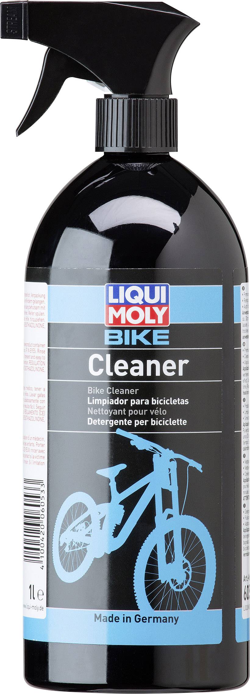 Reinigerflasche mit der Aufschrift 'Liqui Moly Bike Cleaner', geeignet für Fahrräder; schwarze Flasche mit blauem Etikett.