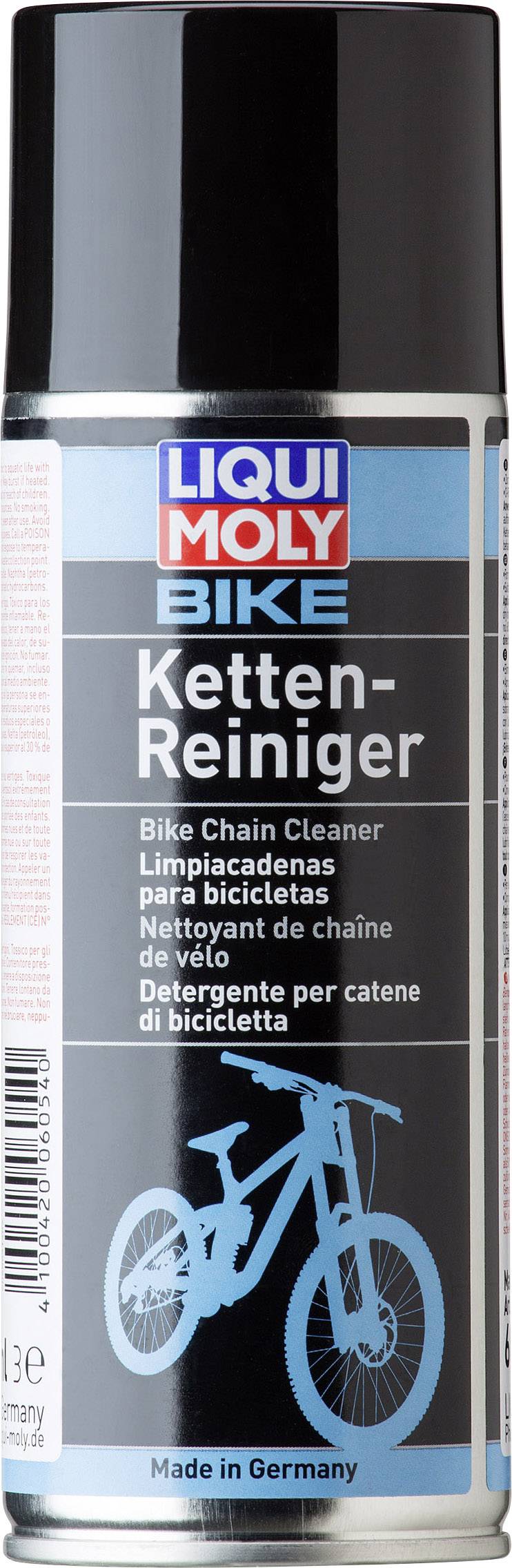 Auf dem Bild ist eine Spraydose von 'Liqui Moly BIKE Ketten-Reiniger' abgebildet. Das Etikett zeigt Anwendungen und Informationen in mehreren Sprachen.